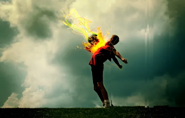 The sky, clouds, fire, football, the ball, hill, sport, fire