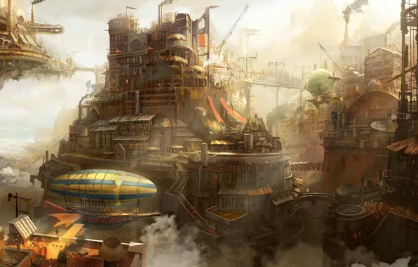 The city, building, couples, the airship, steampunk