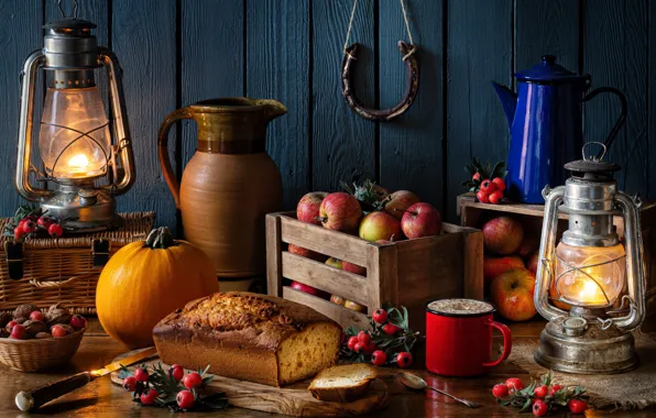 Picture style, apples, pie, lights, mug, pumpkin, pitcher, still life