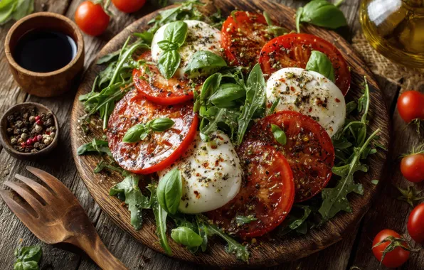 Greens, food, cheese, tomatoes, sauce, stand, slices, cutting