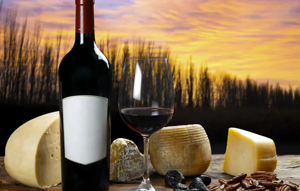 Autumn, sunset, nature, wine, glass, bottle, cheese, still life