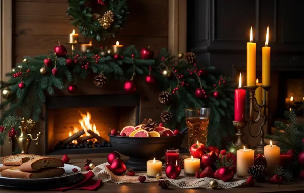 Balls, branches, table, room, apples, glass, food, interior