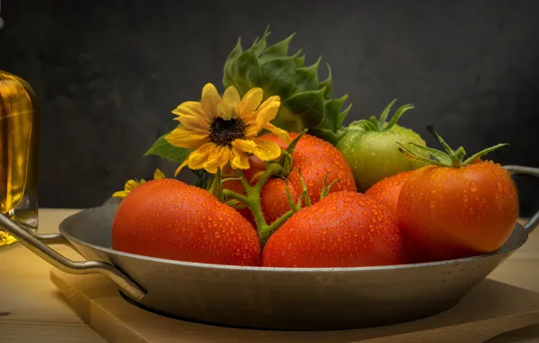 Drops, bottle, sunflower, vegetables, tomatoes, tomatoes, pan, vegetable oil
