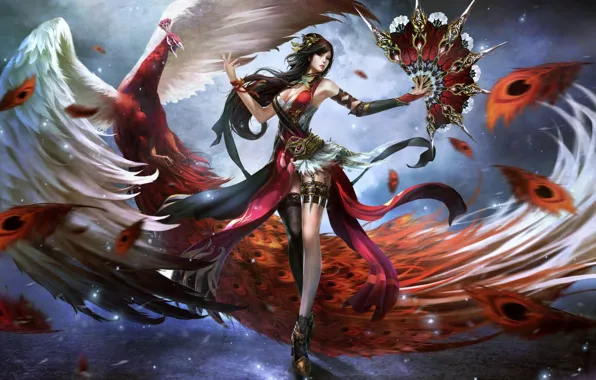 Weapons, bird, magic, beauty, fan, peacock, warrior, sorceress