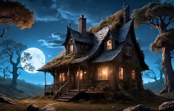 Picture light, trees, night, the moon, Windows, miracles, old house, digital art