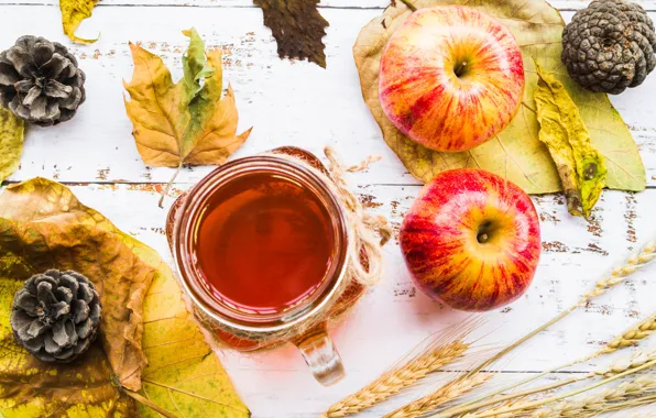 Autumn, leaves, table, apples, spikelets, Cup, drink, bumps