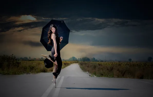 Picture road, clouds, movement, beauty, dance, ballerina, black dress, road