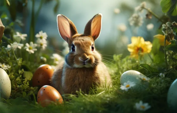 Look, light, flowers, nature, holiday, glade, hare, eggs