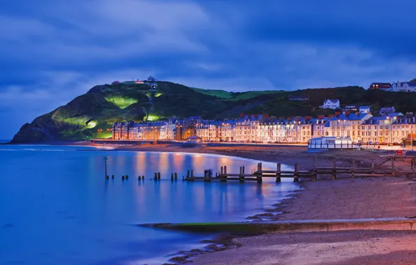 Sea, night, lights, shore, mountain, home, promenade, Wales