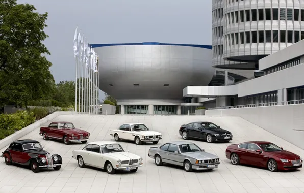 The building, bmw, BMW, flags, evolution, mixed, 3200 CS Coupe, 503 Coupe