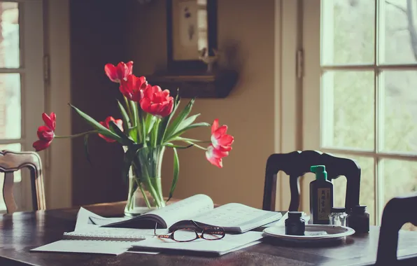 Flowers, table, room, window, glasses, tulips, red, notebook