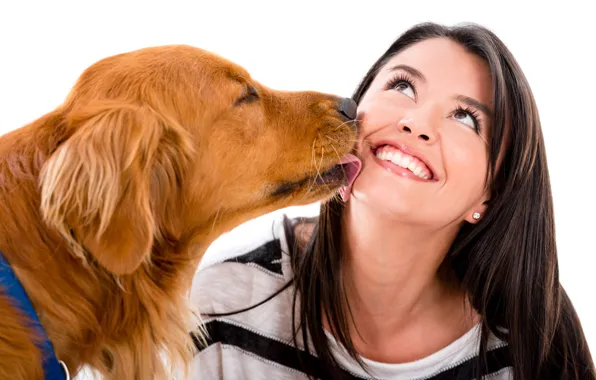 Picture girl, joy, mood, dog, brunette, white background, red, Retriever