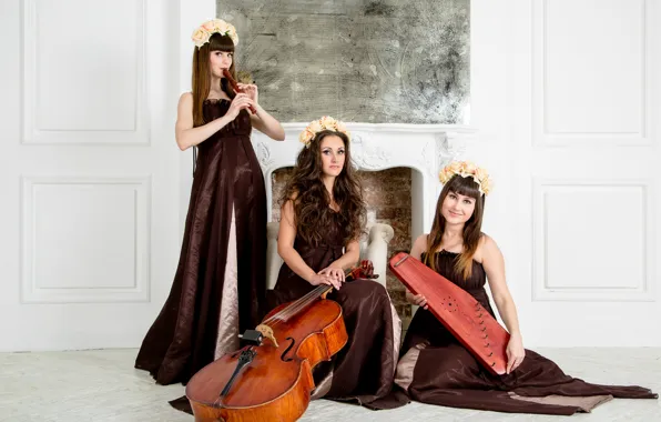 Flowers, music, girls, harp, cello, white, trio, flute
