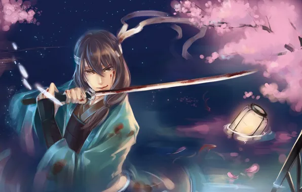 Picture water, fish, blood, sword, katana, petals, Sakura, art
