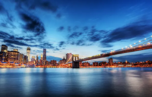 Summer, the city, New York, blur, Brooklyn bridge, New York, illumination, Brooklyn Bridge