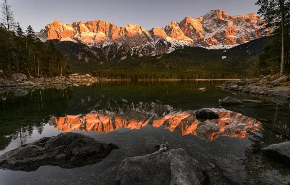 Forest, mountains, lake, reflection, stones, shore, tops, ate