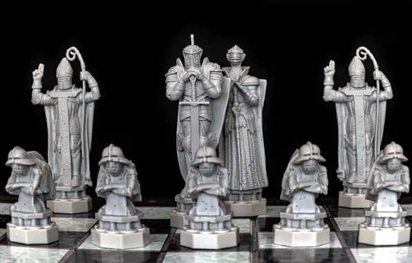 Men, sword, chess, black background, warriors, the Templars, knights, figures