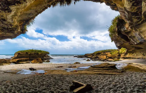 Sand, sea, beach, stones, rocks, shore, cave, arch