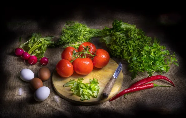 Greens, eggs, dill, knife, pepper, still life, tomatoes, parsley