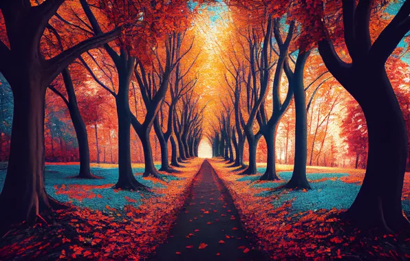 Road, autumn, forest, light, trees, branches, Park, foliage