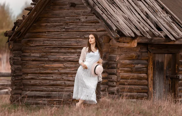 Grass, girl, nature, house, hat, brown hair, hut, Sergey Sergeev