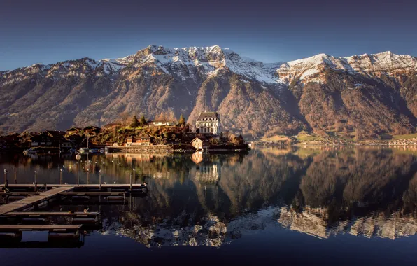 Water, snow, mountains, surface, reflection, Marina, Switzerland