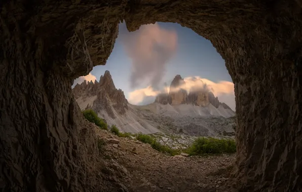 Picture the sky, clouds, landscape, mountains, nature, Italy, the grotto, The three Peaks of Lavaredo