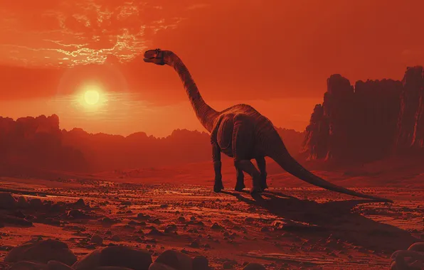 Mountains, Desert, Dawn, Dinosaur, Animal, Digital art, Ancient animals, Extinct animals