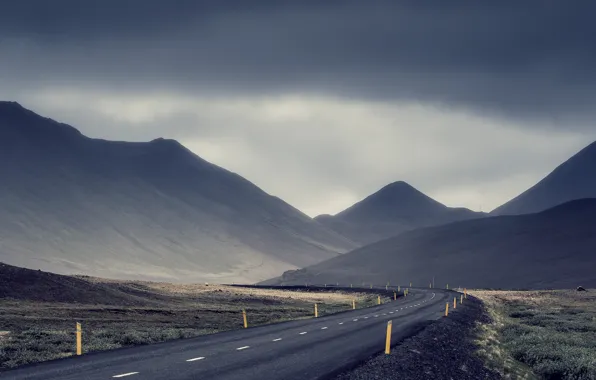 Picture road, the storm, field, mountains, gray clouds