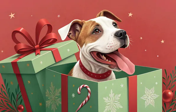 Language, look, snowflakes, box, gift, dog, Christmas, New year