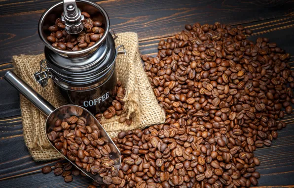 Coffee, bag, grain, coffee grinder, scoop