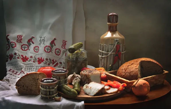 Picture bow, bread, still life, tomato, cucumbers, garlic, appetizer, fat