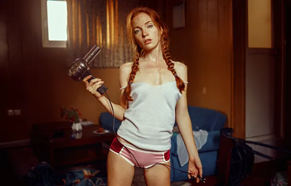 Girl, freckles, braids, red, Hairdryer, George Chernyadev, Oksana Butovskaya, Oksana Butovo