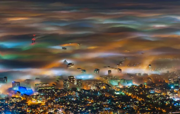 Lights, fog, panorama, Bulgaria, Sofia