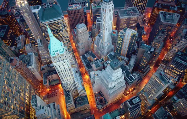 The city, lights, New York, the evening, USA, Manhattan, New York, Wall street