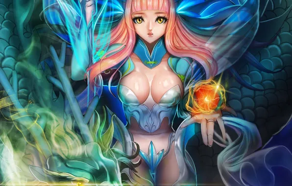 Girl, magic, dragon, fantasy, art, sphere