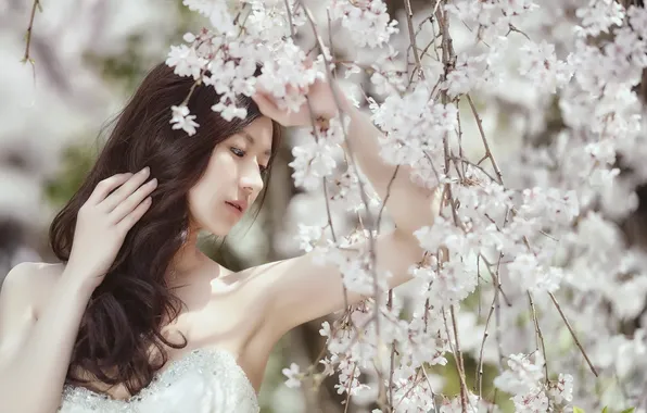 Girl, spring, garden, Asian