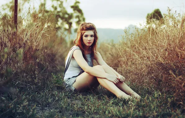 The sky, grass, look, girl, trees, nature, the way, photo