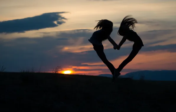 Picture the sky, sunset, girls, mood, jump, heart, pair, two girls