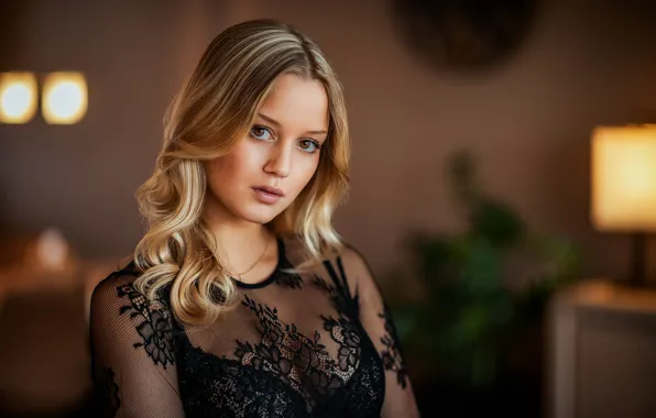 Look, girl, room, portrait, dress, hairstyle, beautiful, bokeh