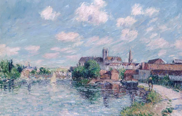 The sky, landscape, bridge, the city, river, home, picture, Gustave Loiseau