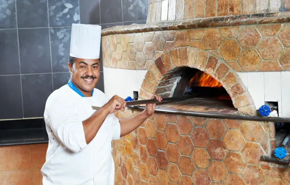 Mustache, pose, smile, fire, cook, male, oven, in white