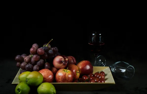 The dark background, wine, apples, glasses, grapes, fruit, black background, still life