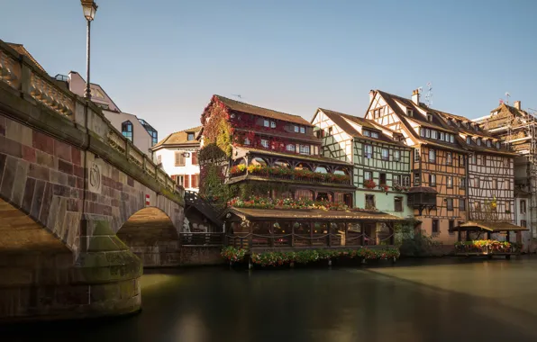 Picture bridge, river, France, building, home, Strasbourg, France, Strasbourg