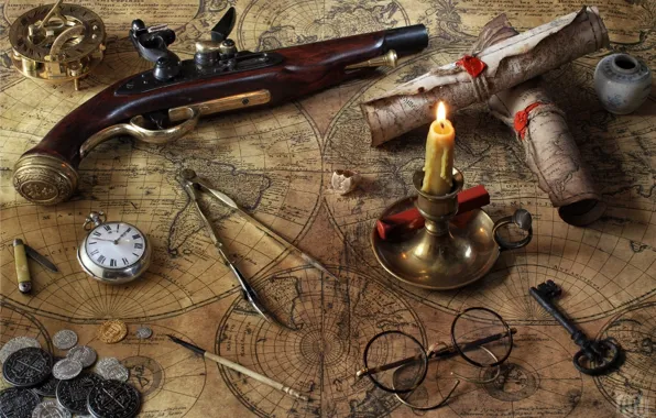 Card, watch, candle, key, glasses, coins, compass, the compass