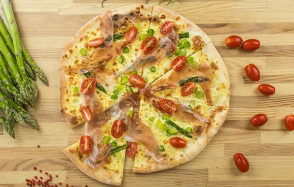 Pizza, tomatoes, ham, asparagus