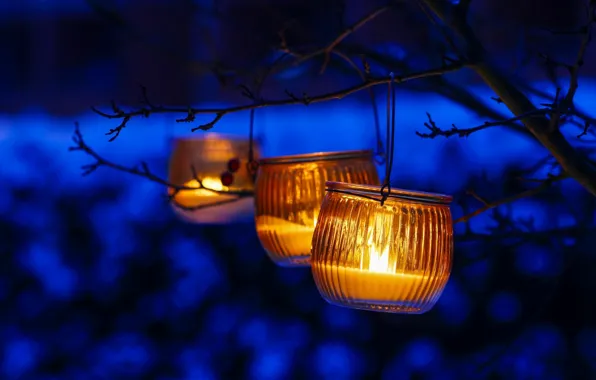 Winter, snow, blue, nature, candles, lantern