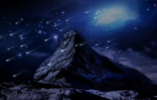 Snow, mountains, retouching, shooting stars, fiction