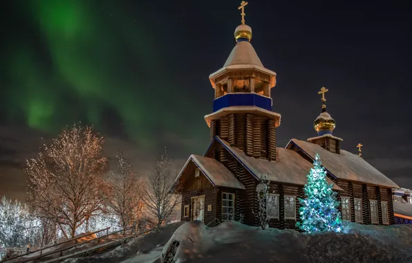 Winter, snow, landscape, holiday, new year, Christmas, Church, tree