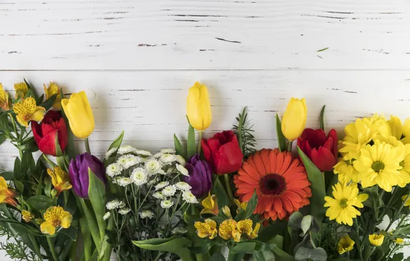 Flowers, colorful, tulips, chrysanthemum, wood, flowers, beautiful, tulips
